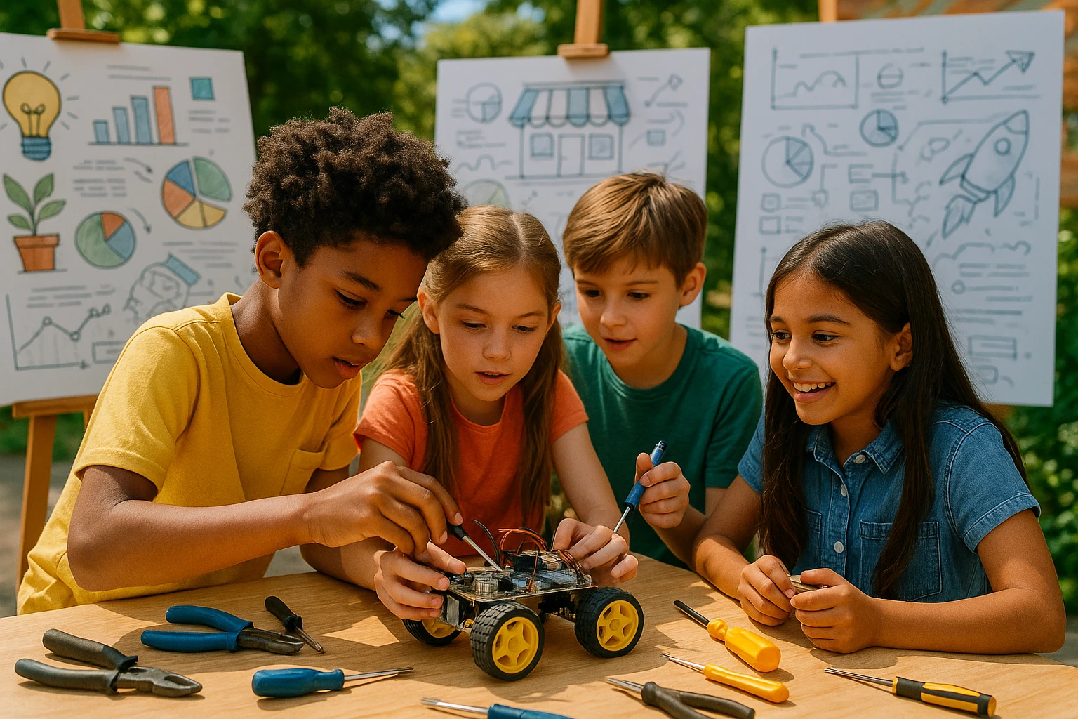 Children collaborate in an outdoor robotics workshop, building and brainstorming innovative projects.