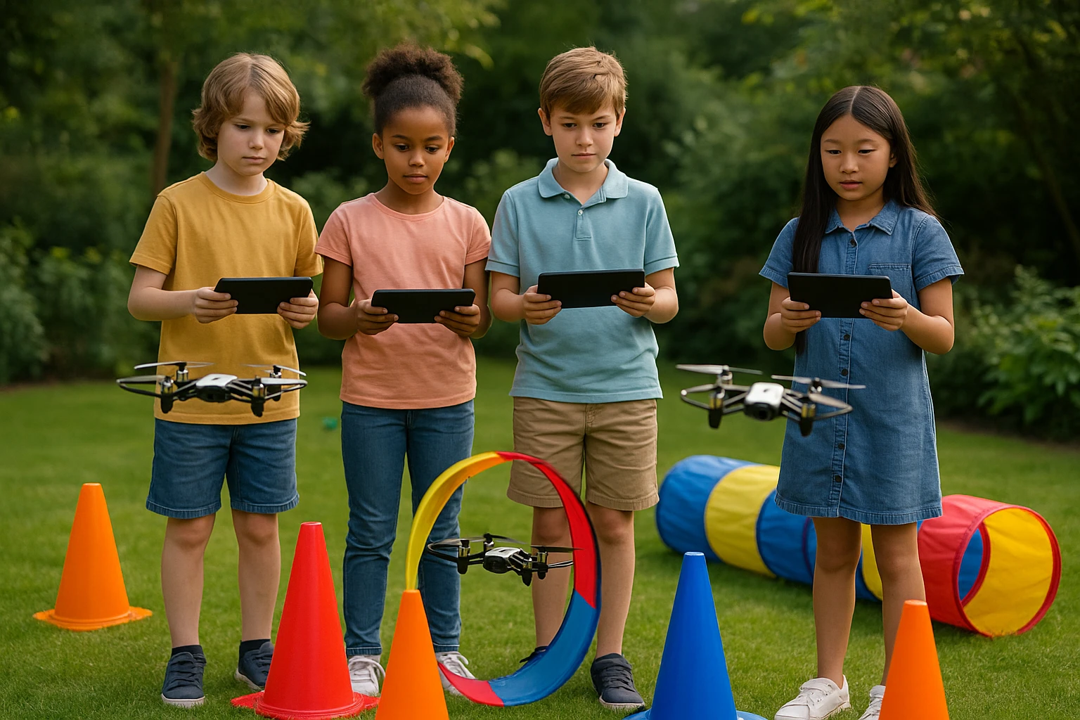 Kids navigate AI drones through a creative garden course.