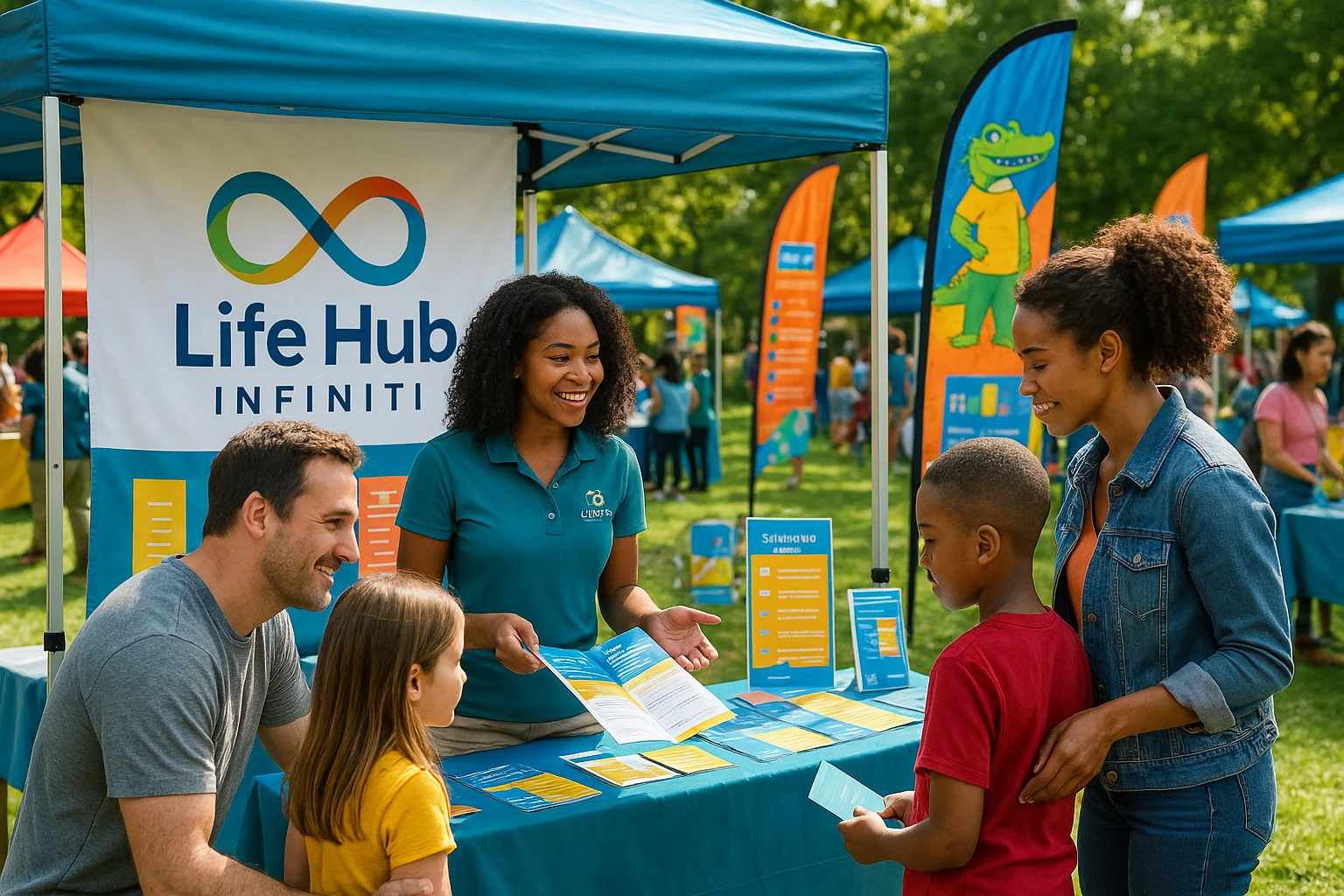 Families explore Life Hub Infiniti at an outdoor educational fair.