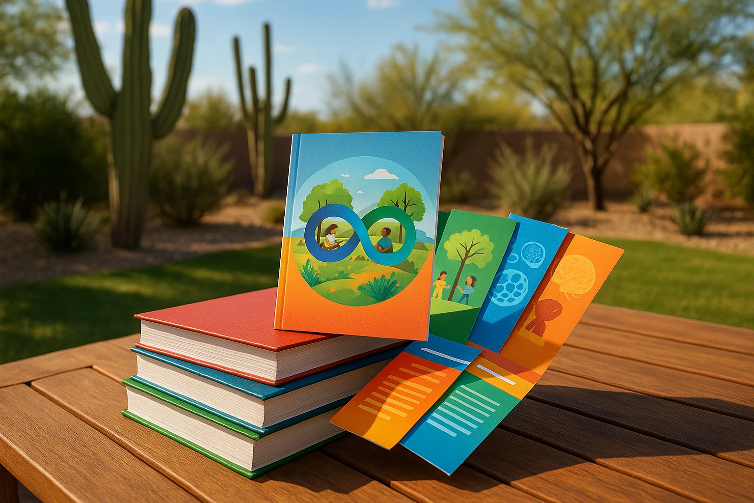 Life Hub Infiniti educational materials showcased in a sunny Arizona backyard.