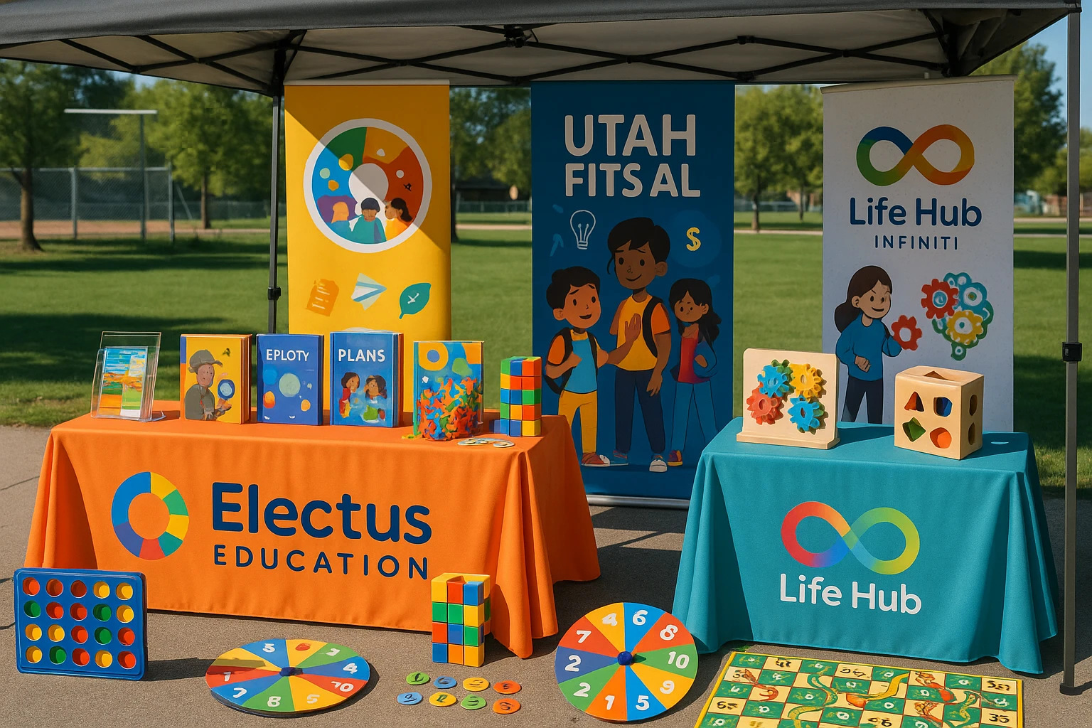 Interactive booth showcasing Life Hub Infiniti at an education fair in Utah.