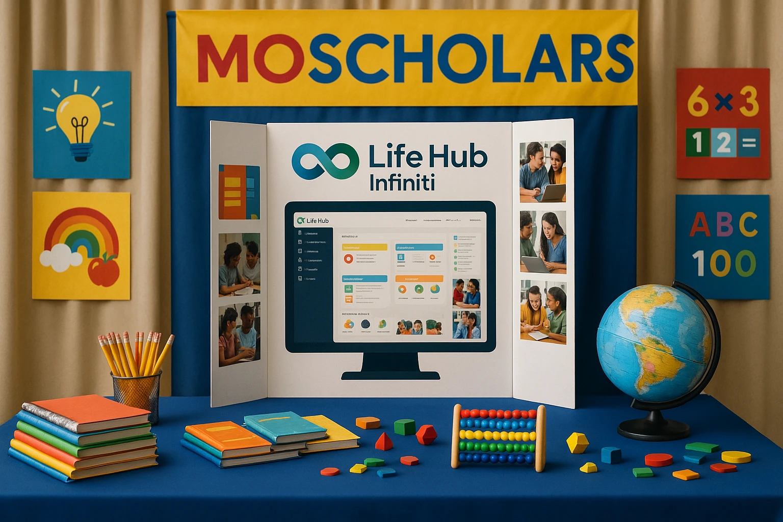Life Hub Infiniti booth at Missouri school fair with MOScholars banner.