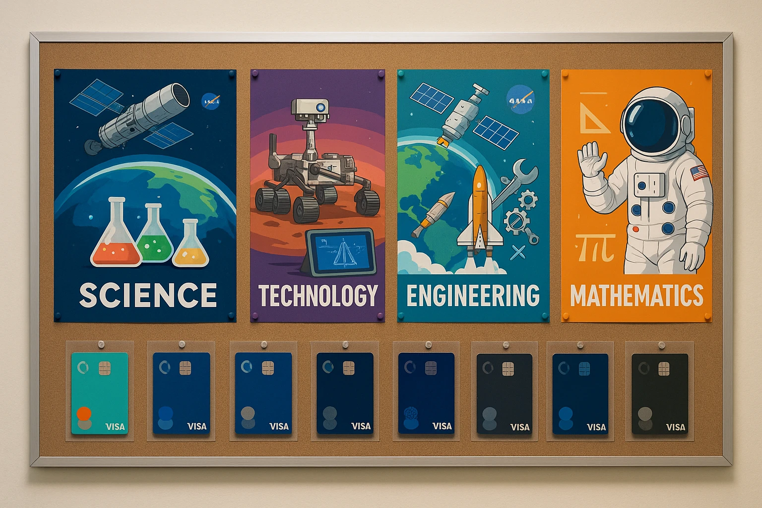 Infographics and Visa cards promote STEM and financial literacy in classrooms.