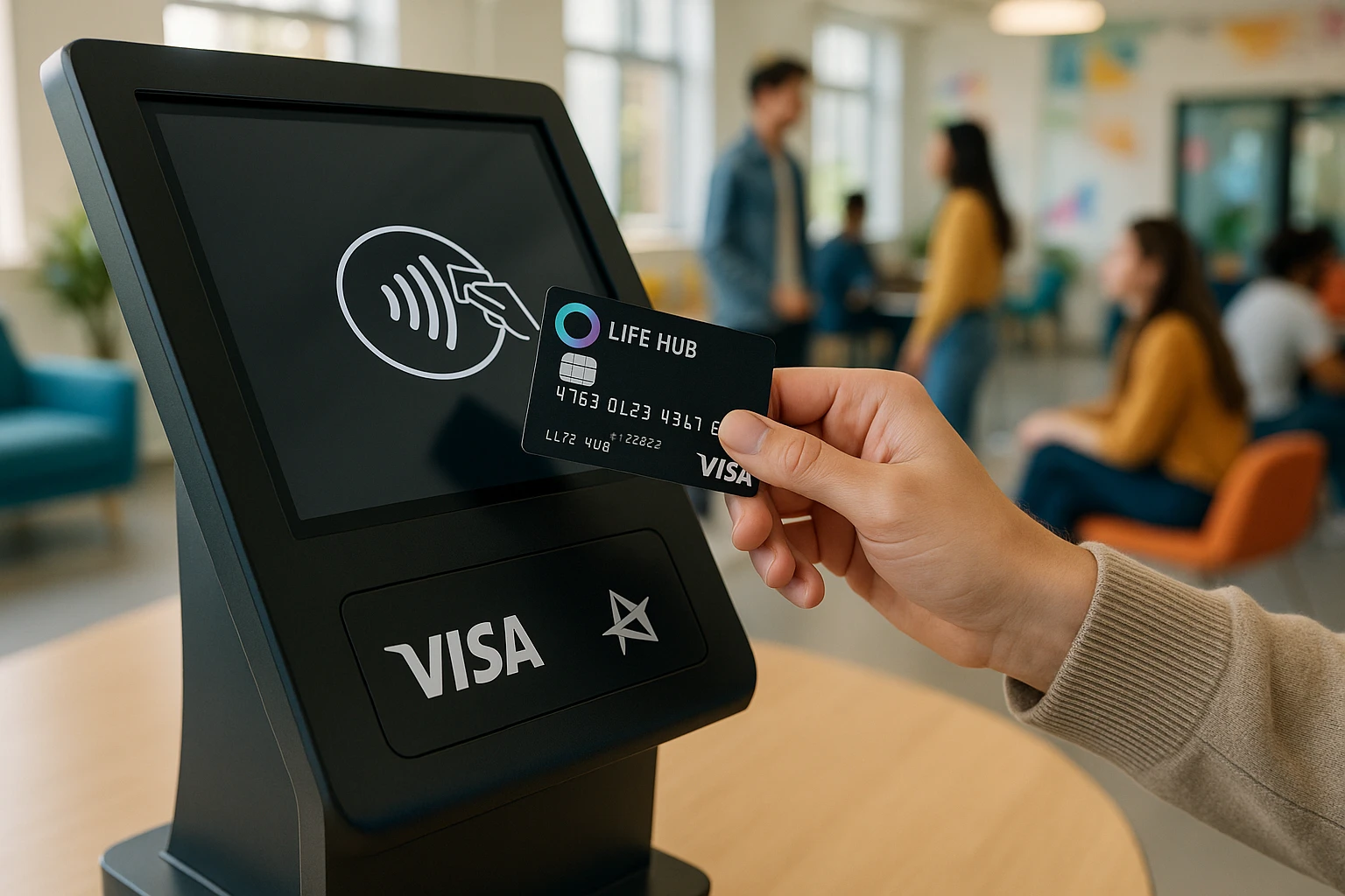 Youth center kiosk integrates Life Hub Visa cards for financial learning.