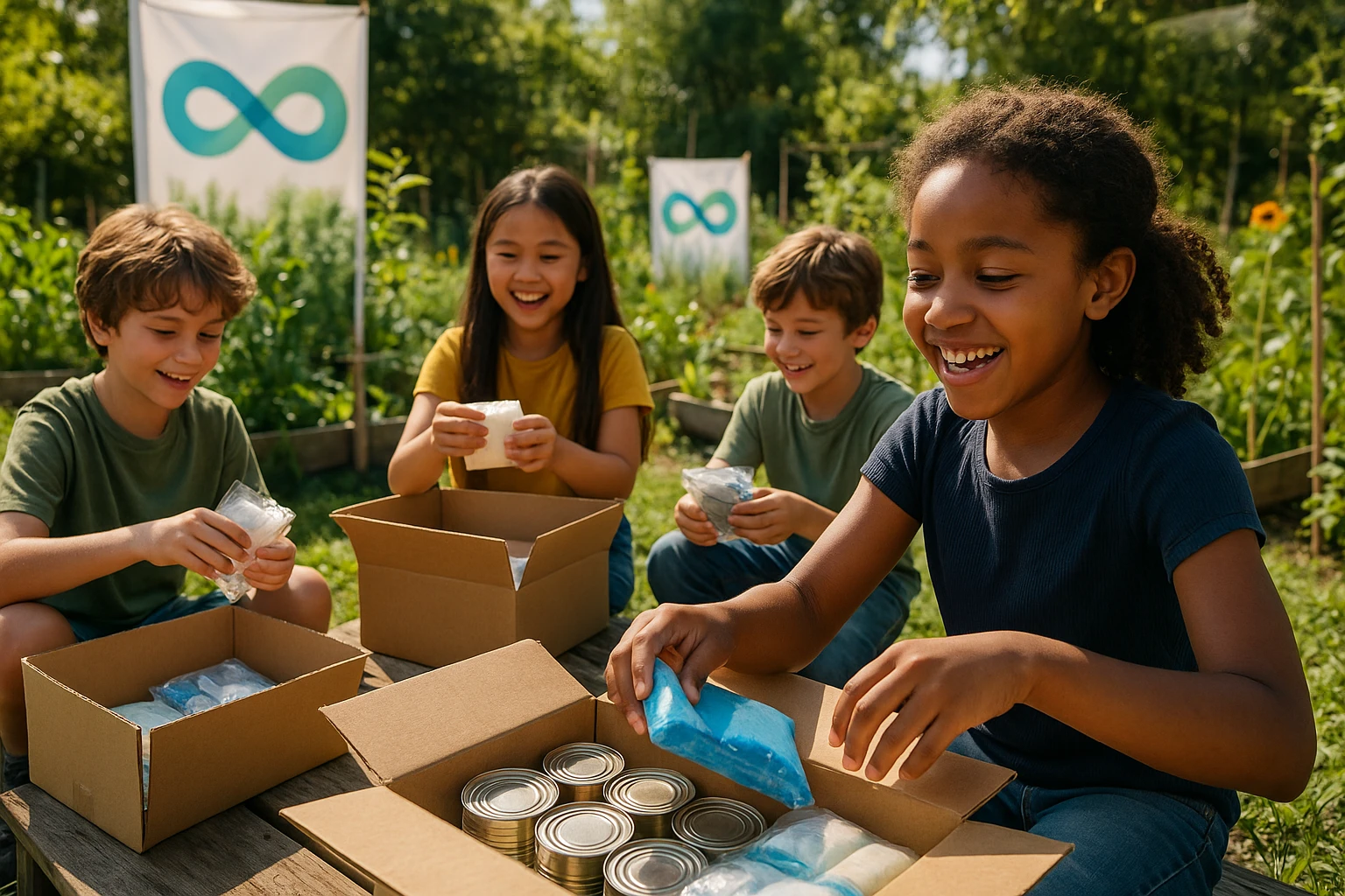 Kids create care packages in a bright garden with Life Hub Infinity.