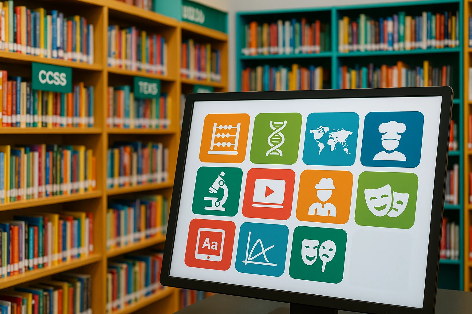 Library with interactive videos aligned to educational standards on display.