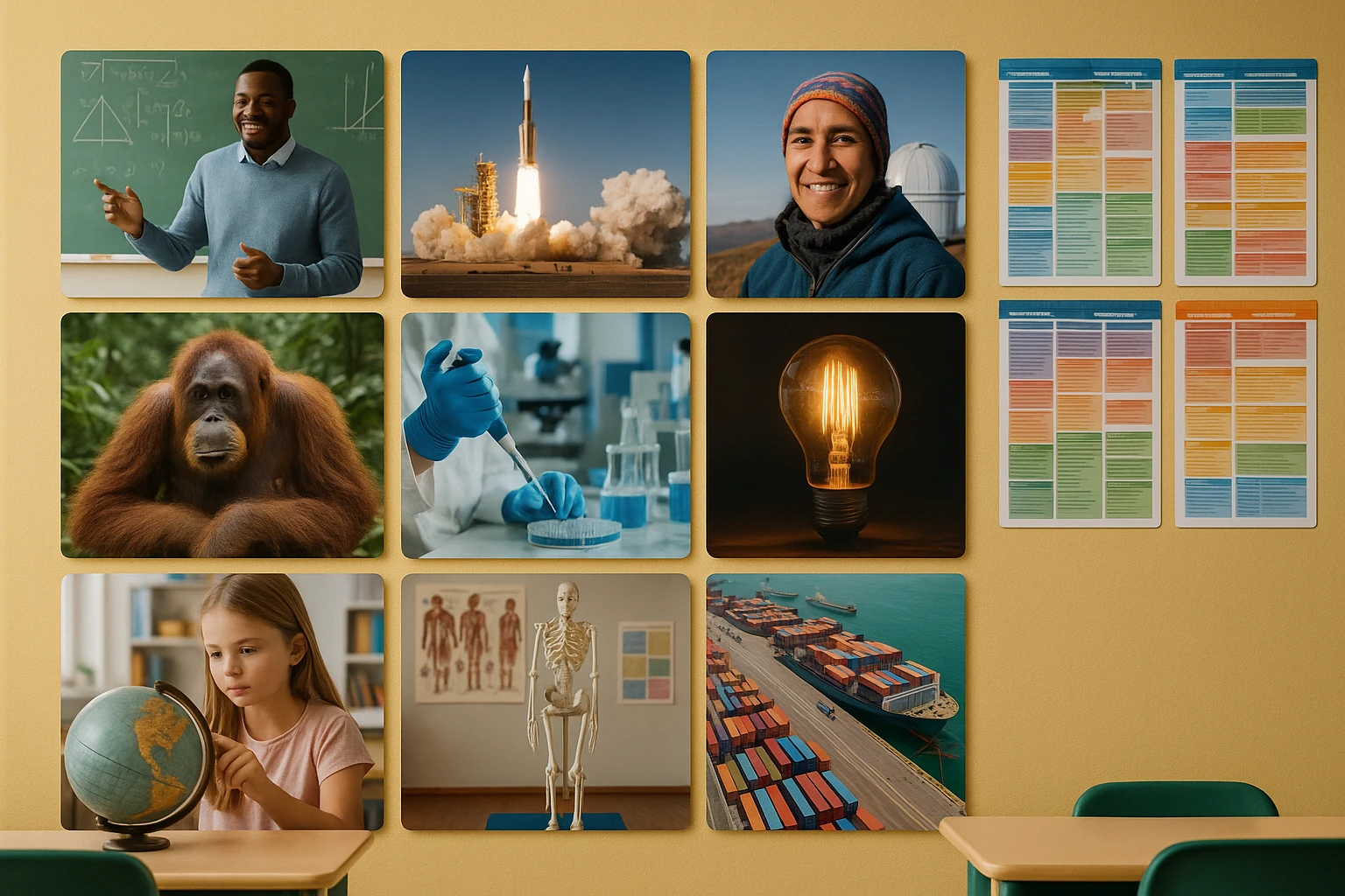 Educational videos meet learning standards on an interactive classroom wall.