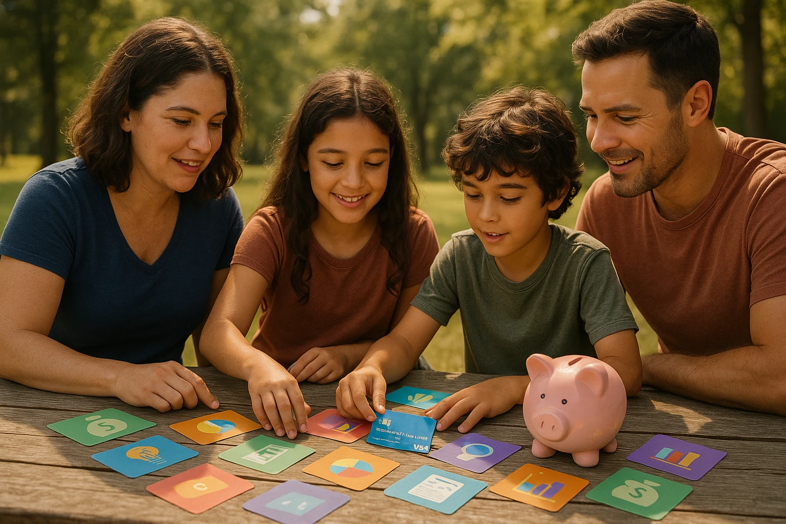Family picnic: Learning financial literacy with flashcards and Life Hub Visa card.