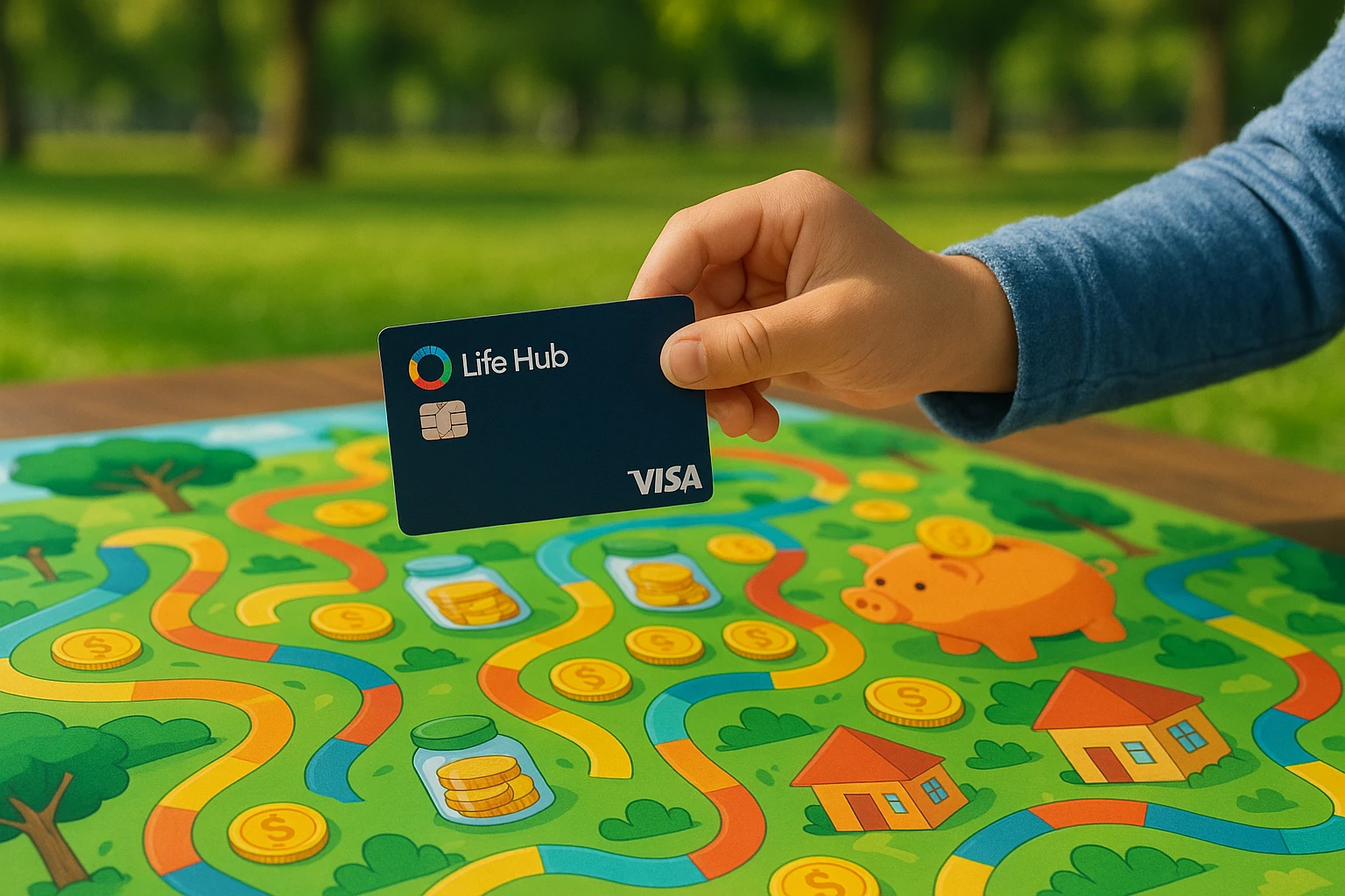 Teaching financial literacy with playful elements in a sunny playground.