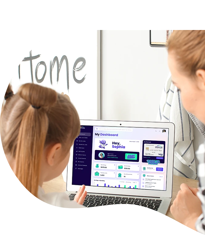 Life Hub app showing kids completing Edu-Jobs and earning real cash rewards