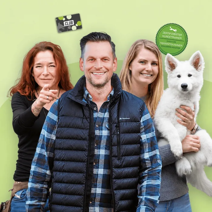 Nicole Brinkmann, Daniel Joeres und Dana Thimel mit Welpe