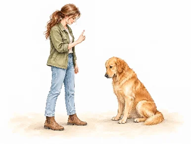 Illustration vorher: Hund sitzt brav, wirkt unsicher