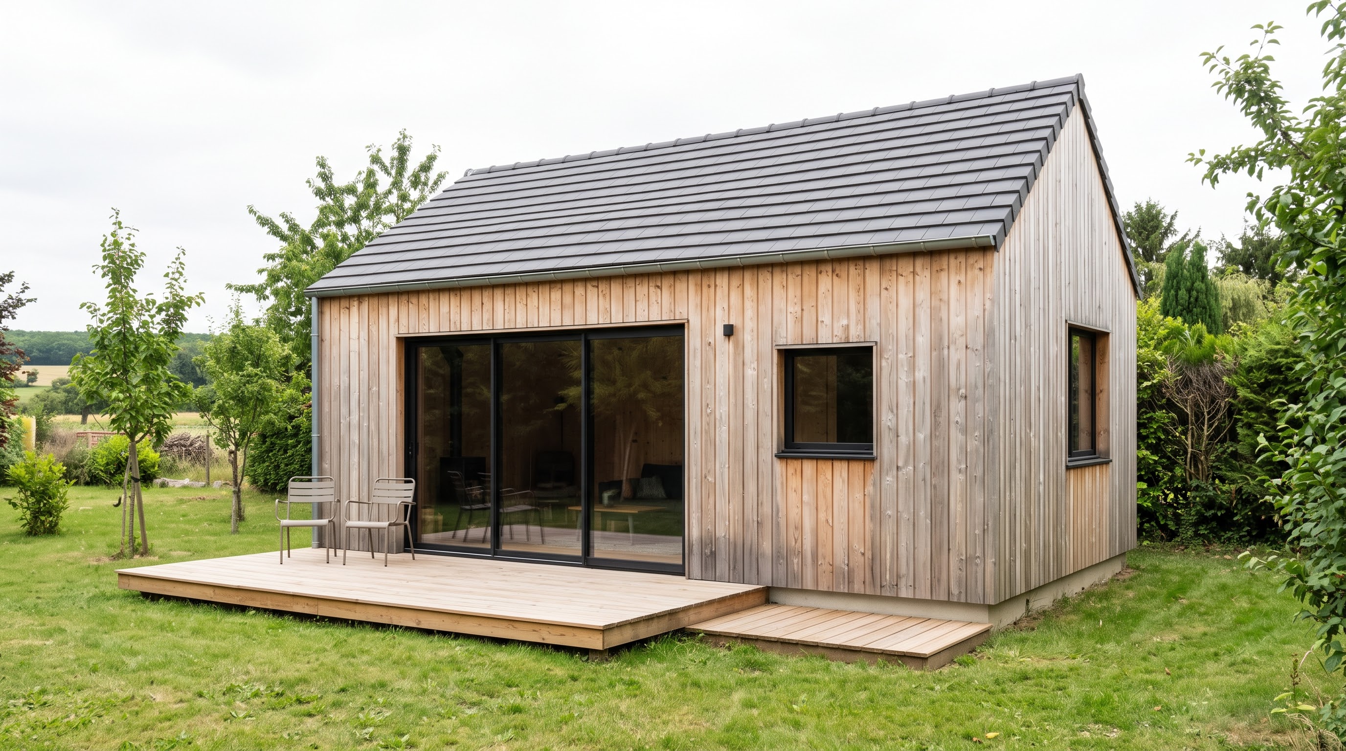 Petite maison bardée de mélèze avec grande baie coulissante