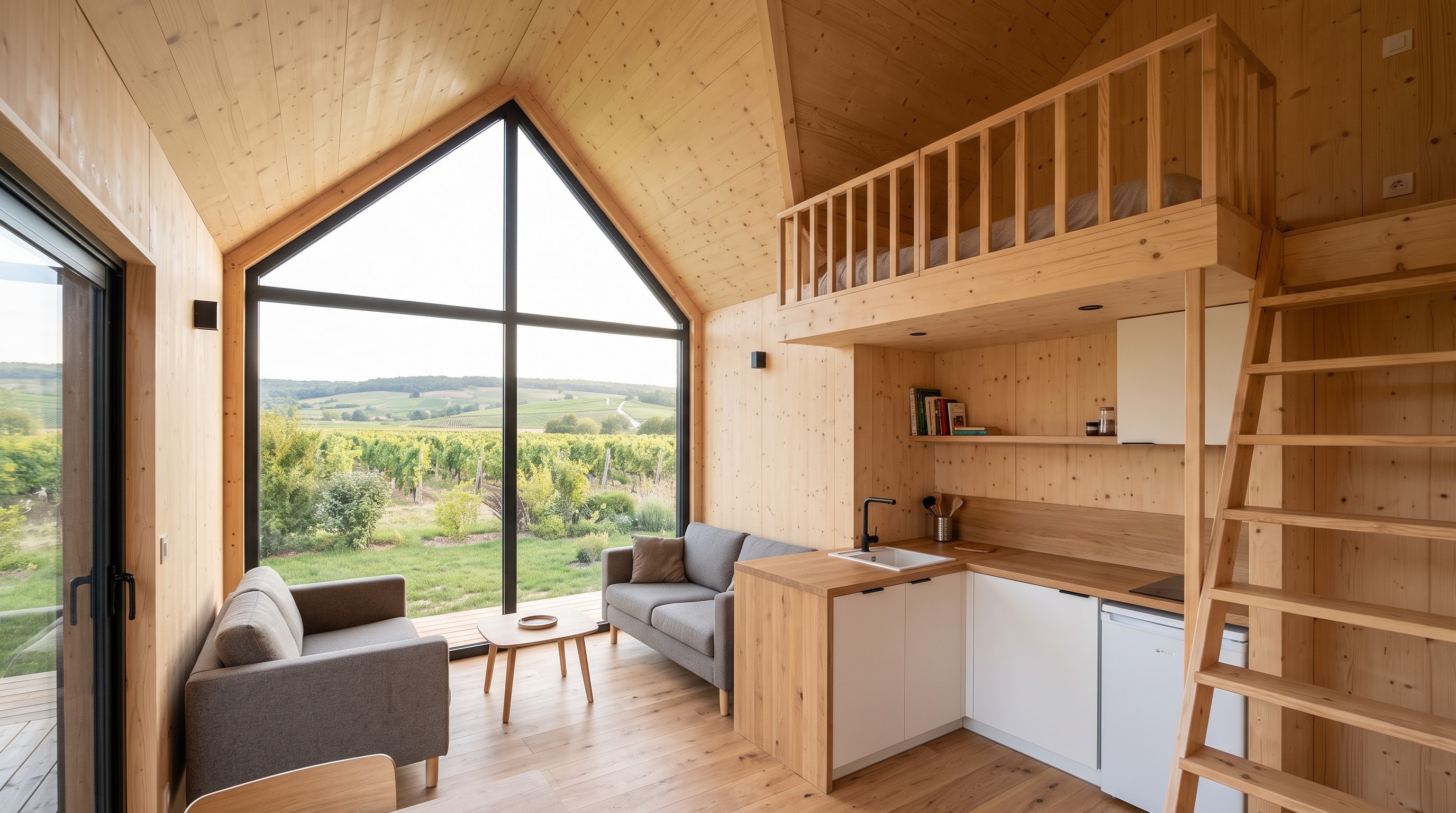 Extension en bois brûlé à toit plat accolée à une maison