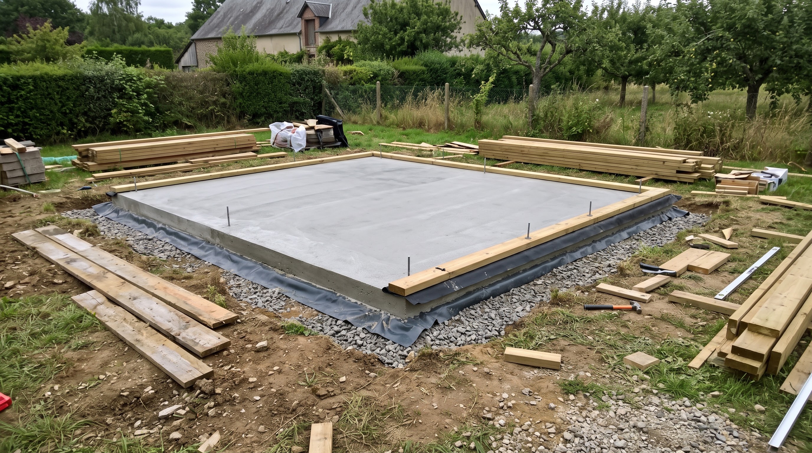 Plancher bois sur plots béton et platines réglables