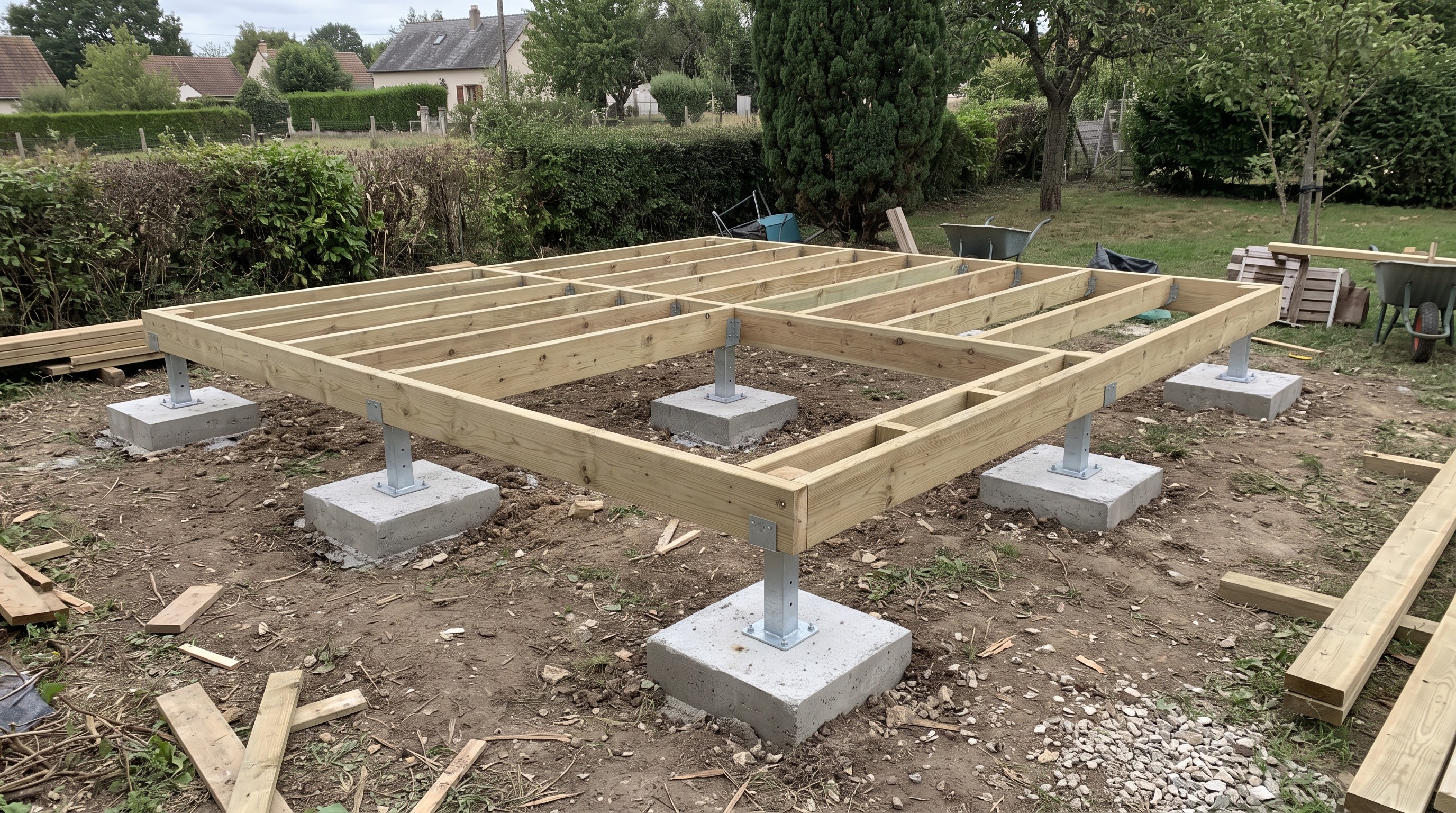 Longrines en béton armé prêtes à recevoir le plancher bois
