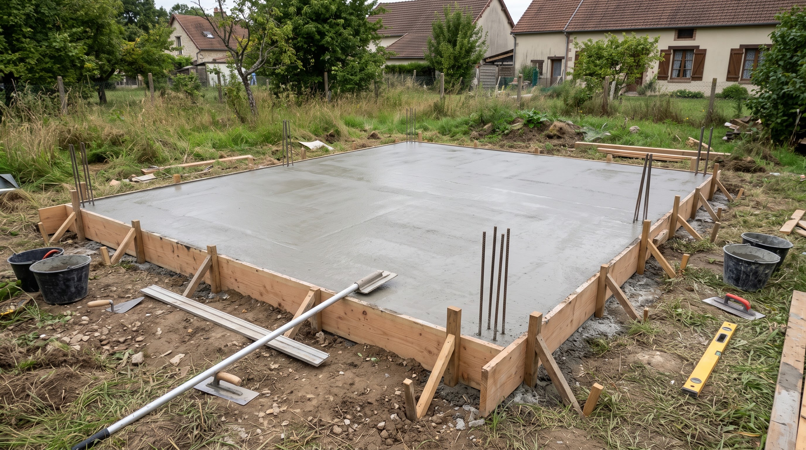 Dalle béton fraîchement coulée dans son coffrage bois