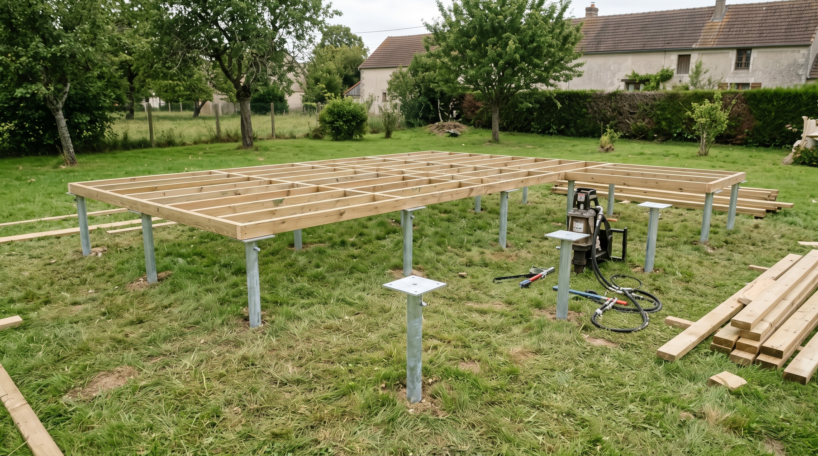 Plancher bois posé sur pieux vissés galvanisés