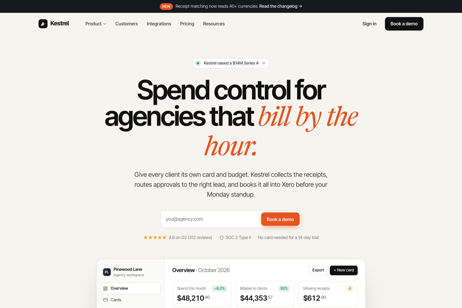 Kestrel home page hero: Spend control for agencies that bill by the hour, with a dashboard preview