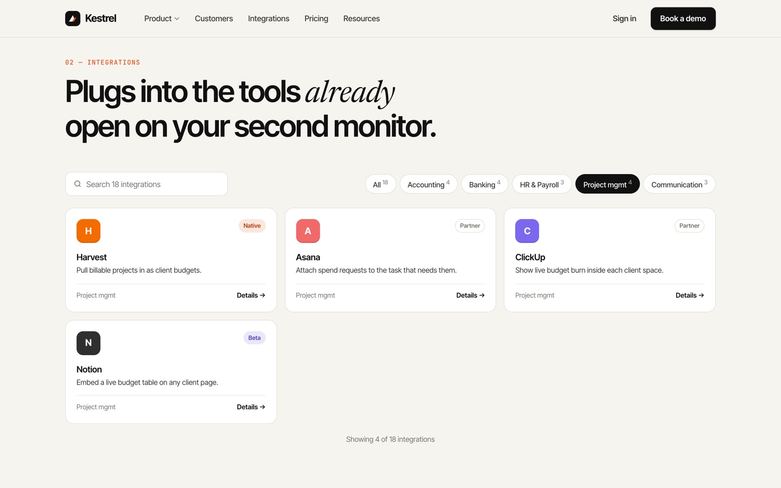 Kestrel integrations page filtered to Project mgmt, showing four integration cards