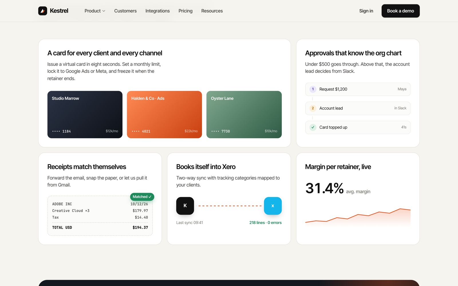 Kestrel product bento: virtual cards, approvals, receipt matching, accounting sync and margin chart