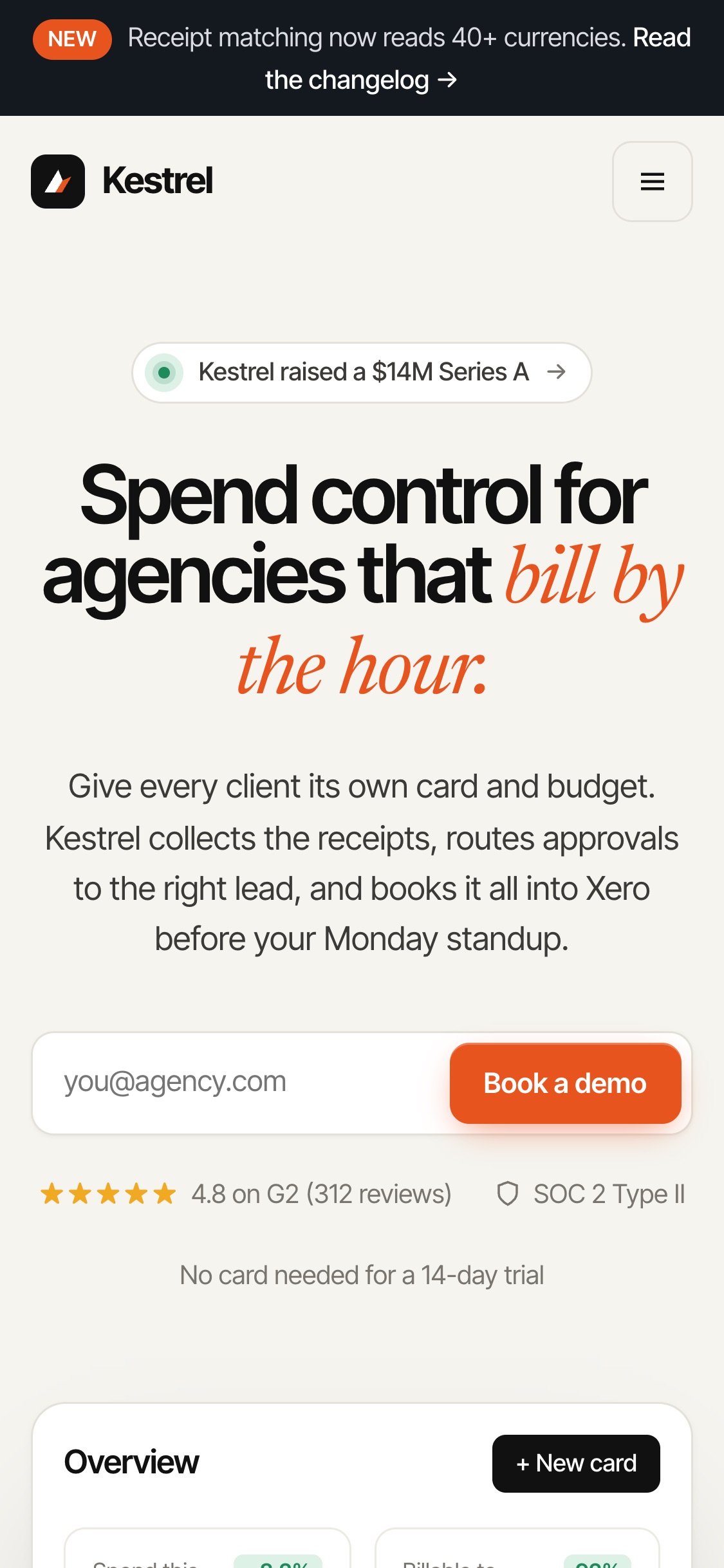 Kestrel home page on a 375 pixel wide phone