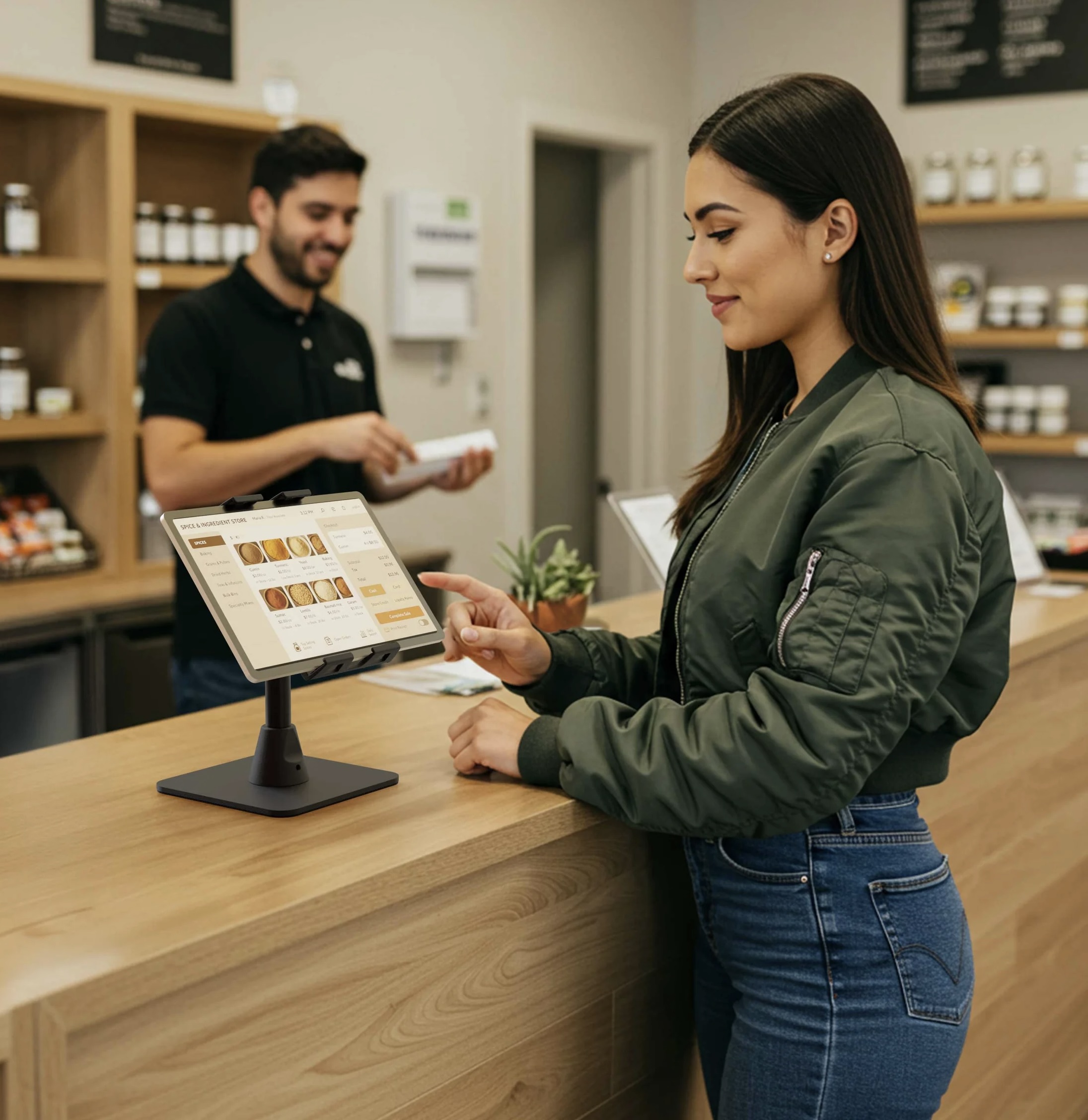 Woman reviewing product colors on tablet at retail counter with male staff member in background