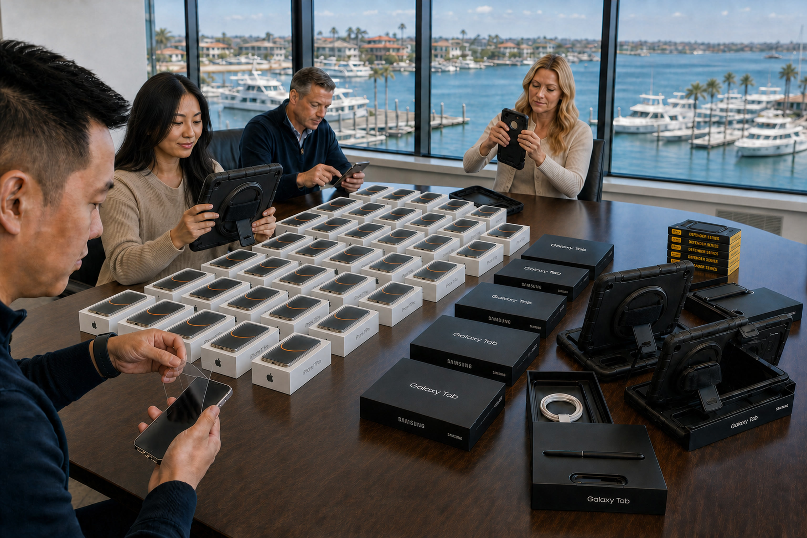 Business team examining Samsung Galaxy tablets and phones in waterfront office with marina view
