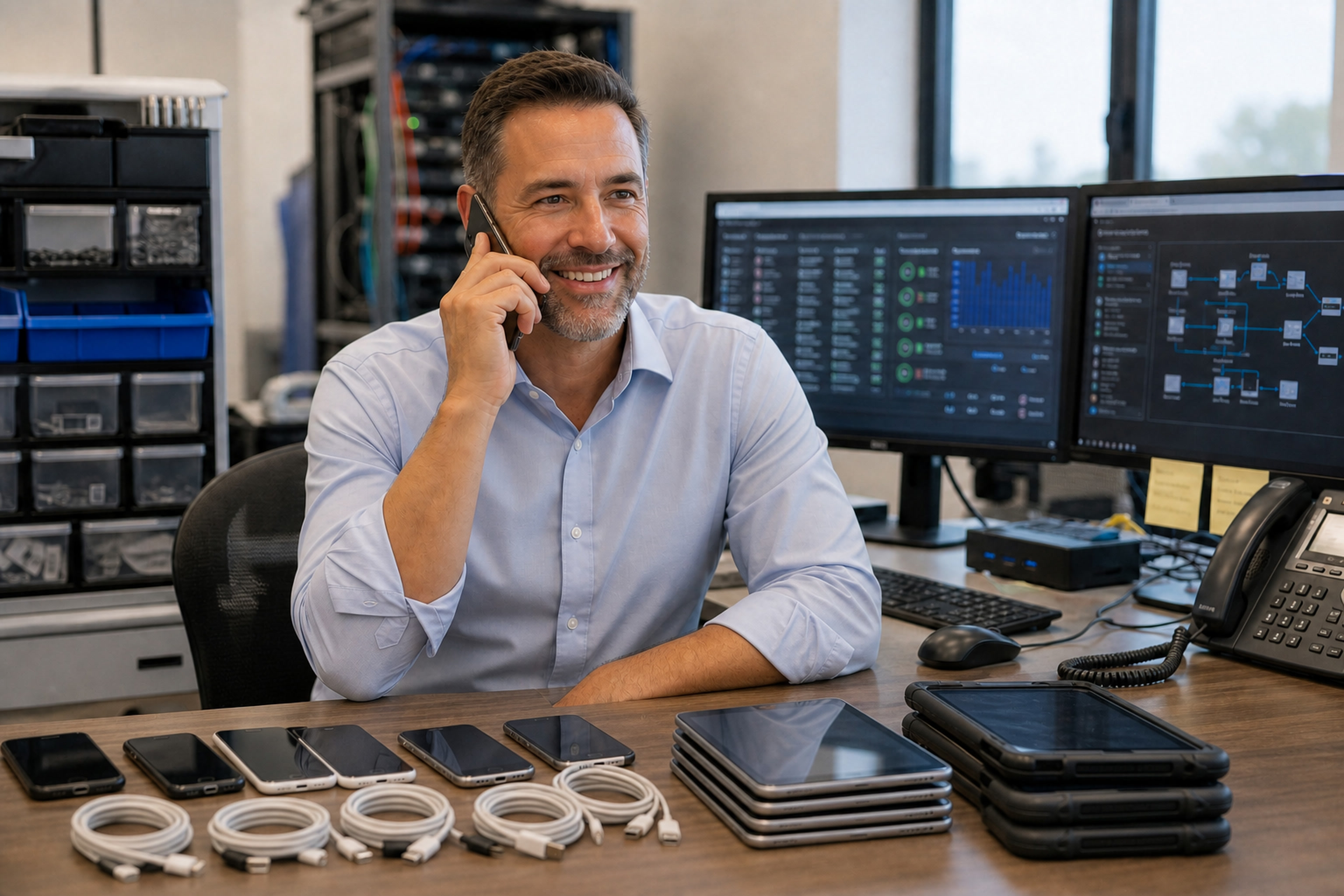 Man in light blue shirt on phone at desk surrounded by mobile devices and cables in tech office