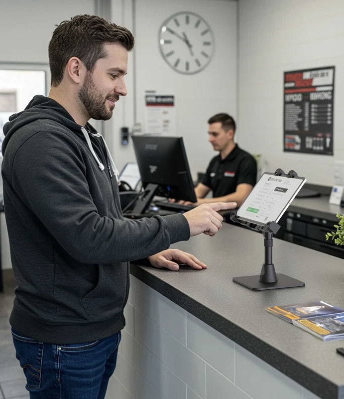 Man in dark hoodie holding tablet at counter in modern office with colleague in background