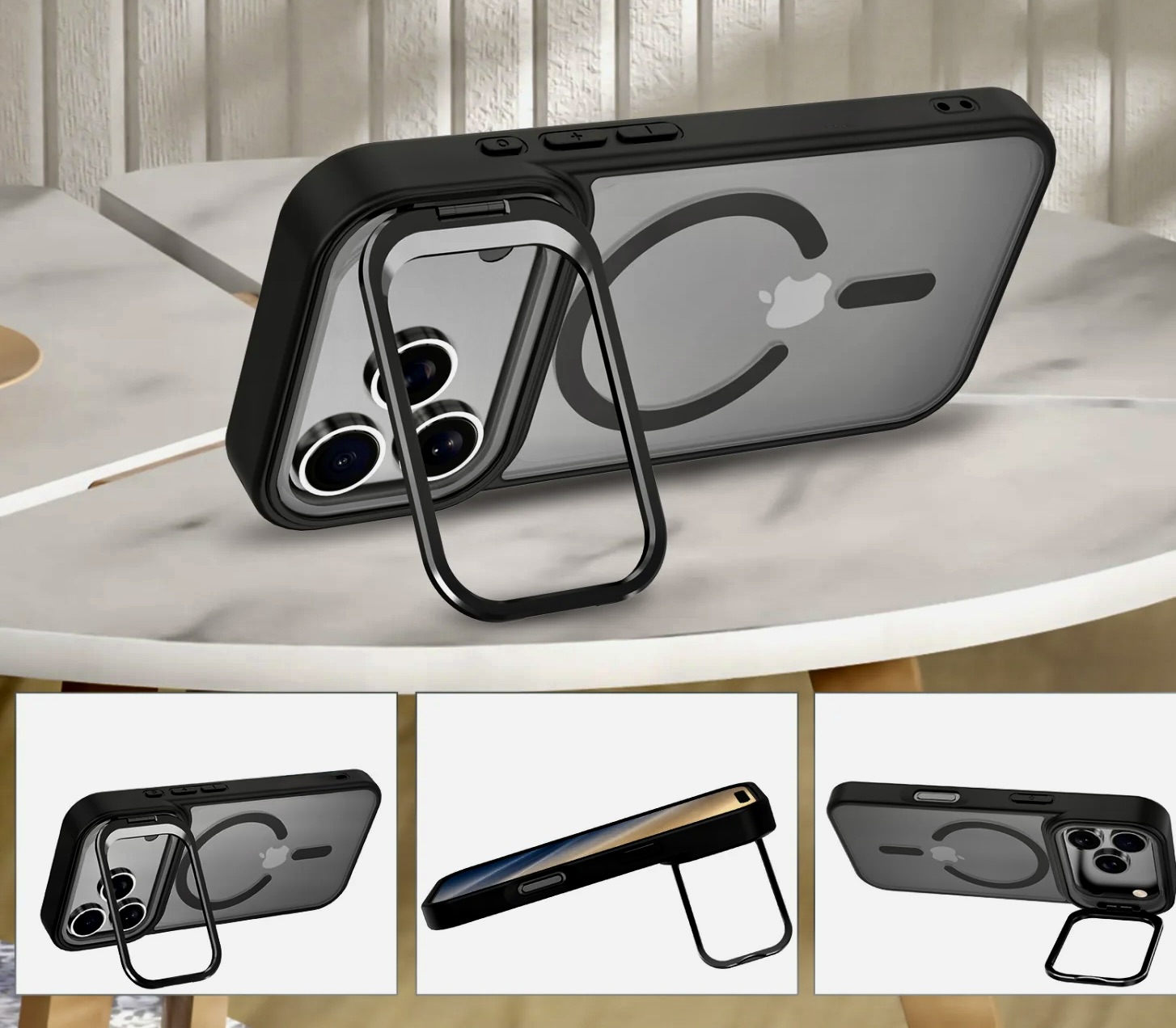 Black protective iPhone case with kickstand displayed on marble surface