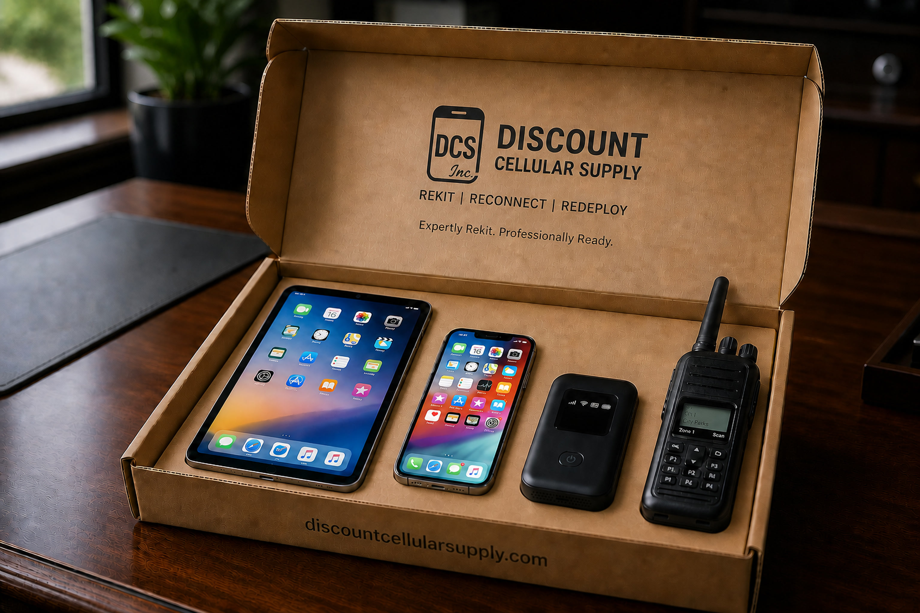 Discount Cellular Supply box displaying four mobile devices including two iPhones, a flip phone, and a walkie-talkie