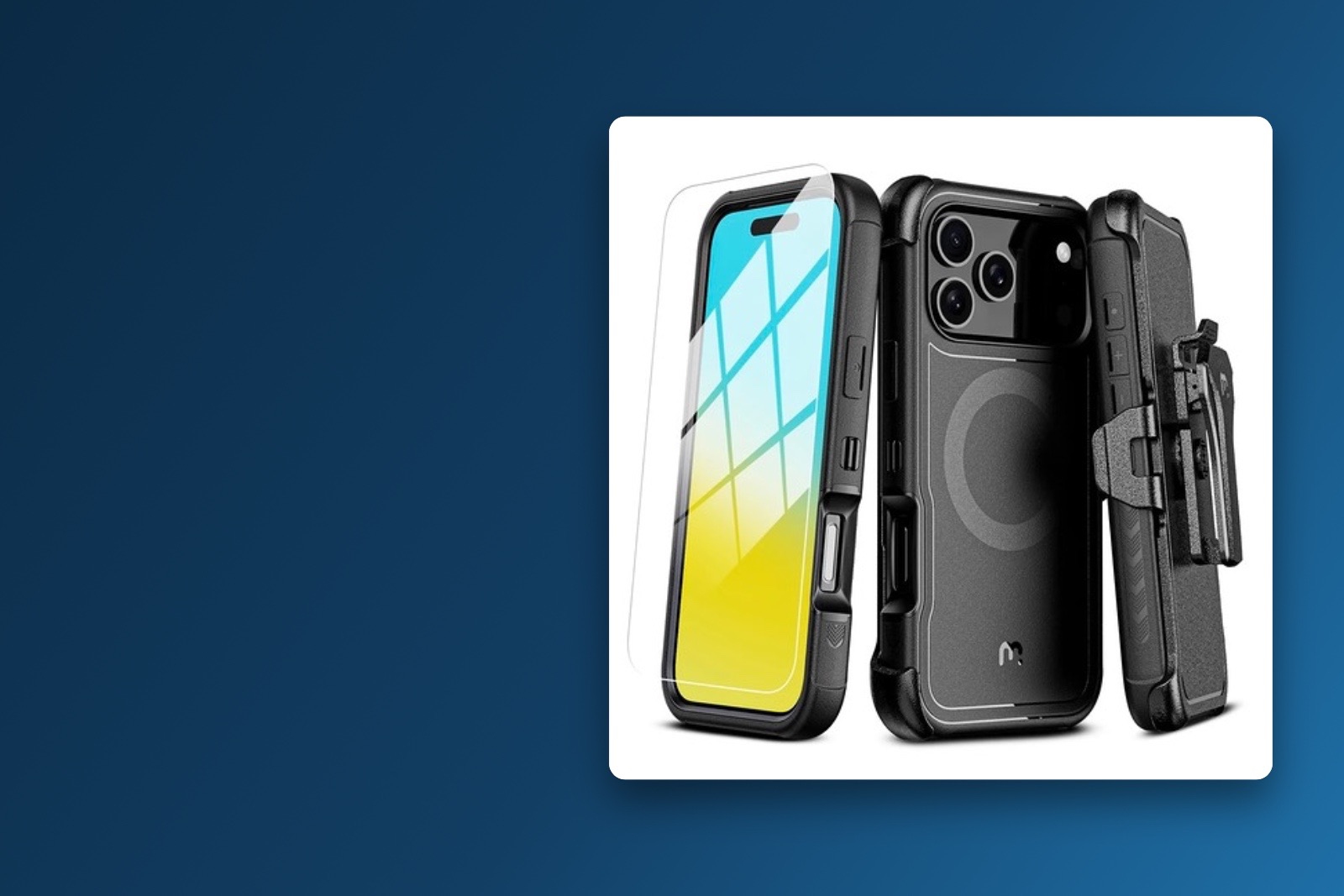 Black protective iPhone case with built-in screen protector and belt clip holster shown from multiple angles