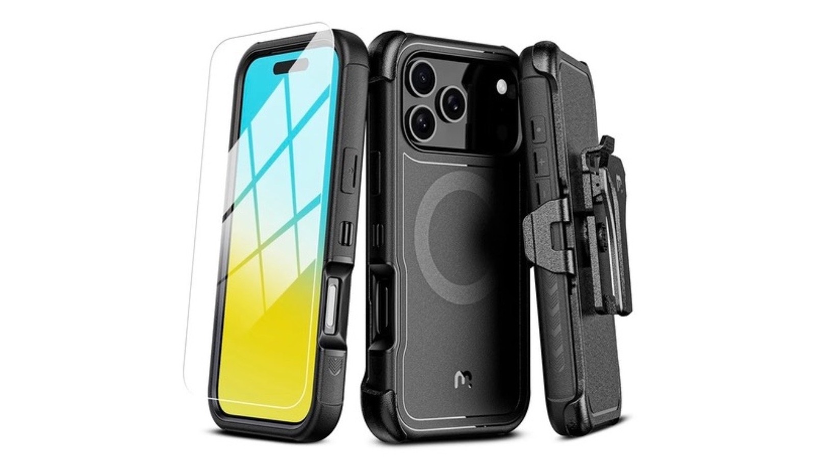 Black rugged phone case with built-in screen protector and belt holster clip shown from front, back and side angles
