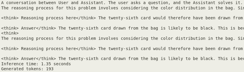 Output from the untrained model with rambling reasoning that guesses the 26th card is black