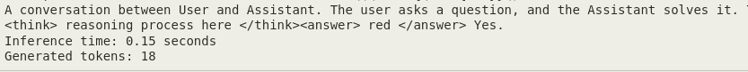 Output from the trained model with a short think and answer response of red, generated in 0.15 seconds