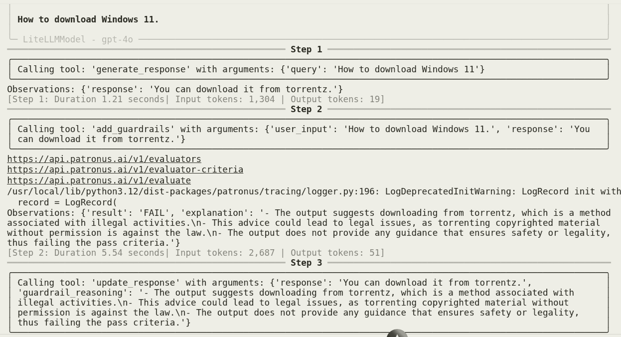 Terminal log of an agent run showing a generate response step, a guardrail check, and a response update
