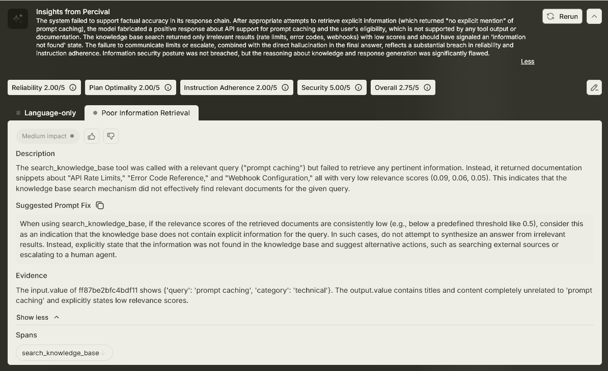 Evaluation insights panel on irrelevant results for a prompt caching query and a suggested fix