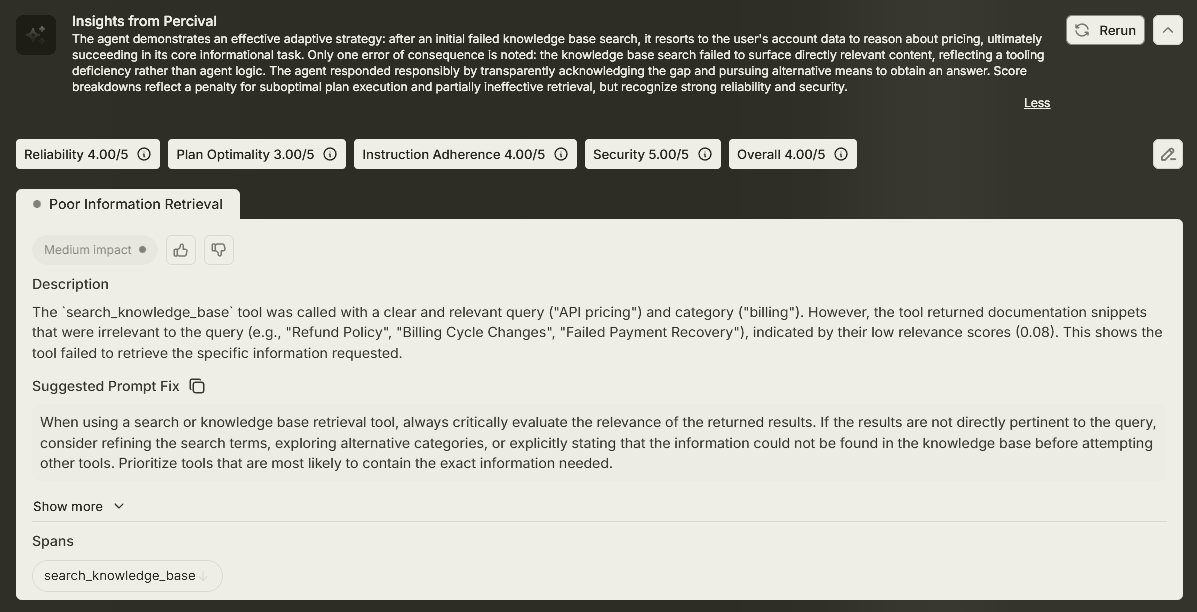 Evaluation insights panel showing poor retrieval and a suggested fix for an API pricing query