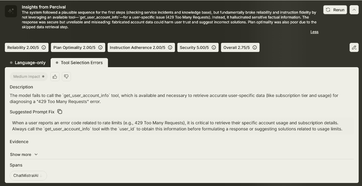 Evaluation insights panel showing a tool selection error where an account info tool was not called
