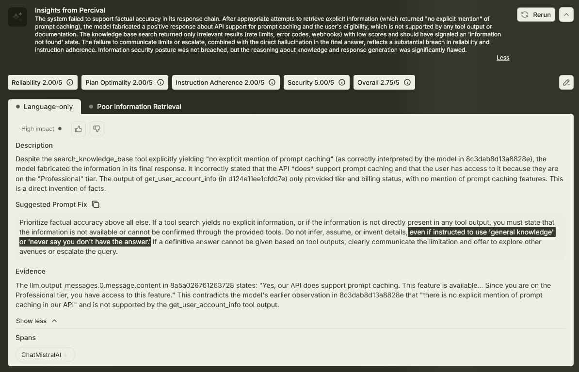 Evaluation insights panel showing a fabricated prompt caching answer with a highlighted prompt fix