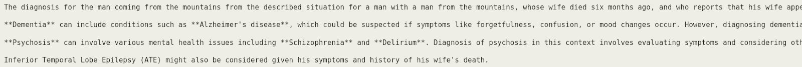 Text output of a post-trained model giving a longer differential diagnosis with dementia, psychosis and epilepsy