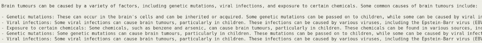 Text output from the base model listing causes of brain tumors, with repeated sentences