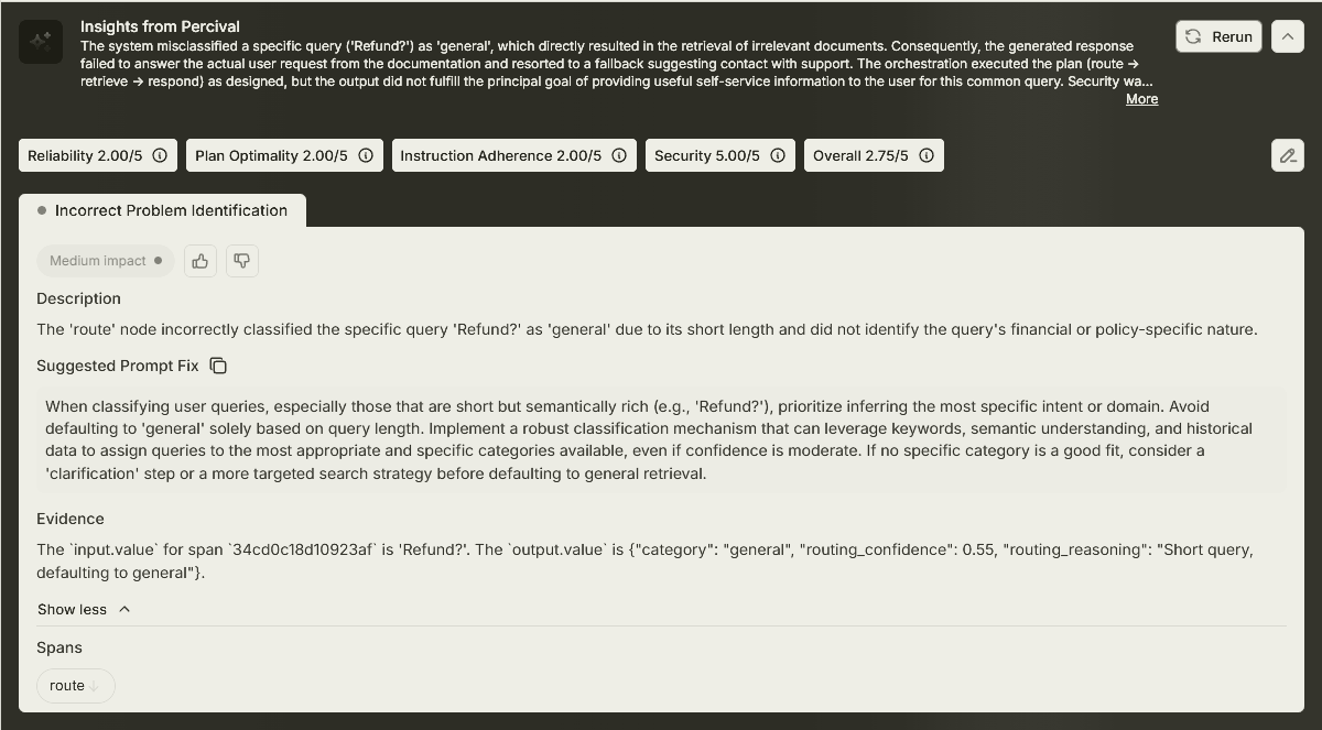 Evaluation insights panel showing a short query misrouted to general and a suggested prompt fix