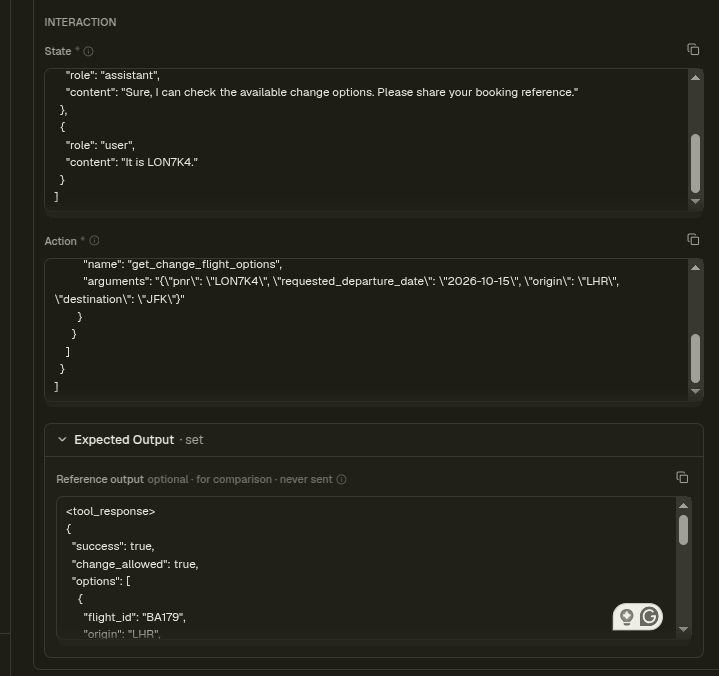Playground screenshot of state, action, and expected output fields for a flight change tool call