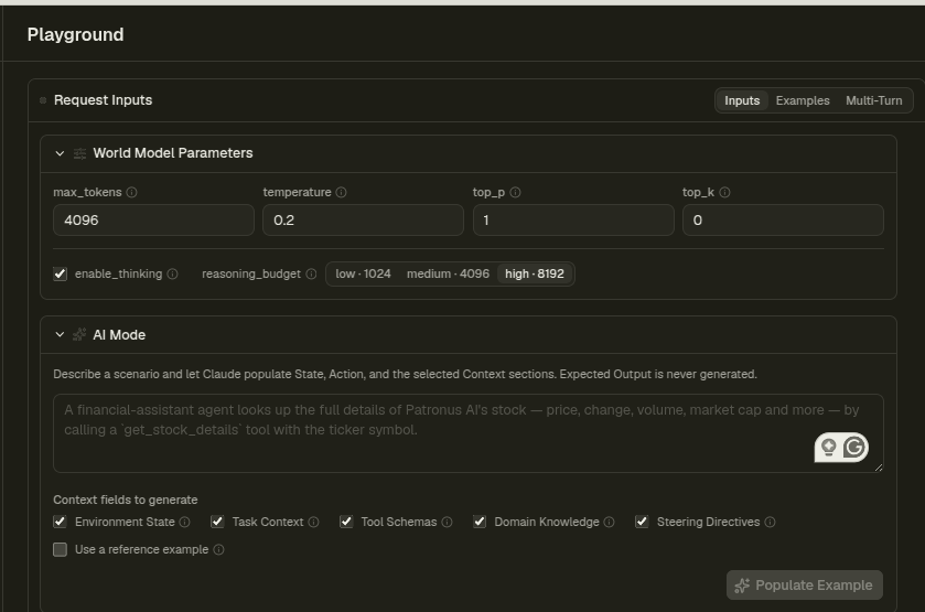Playground screenshot showing world model parameters and an AI Mode scenario input