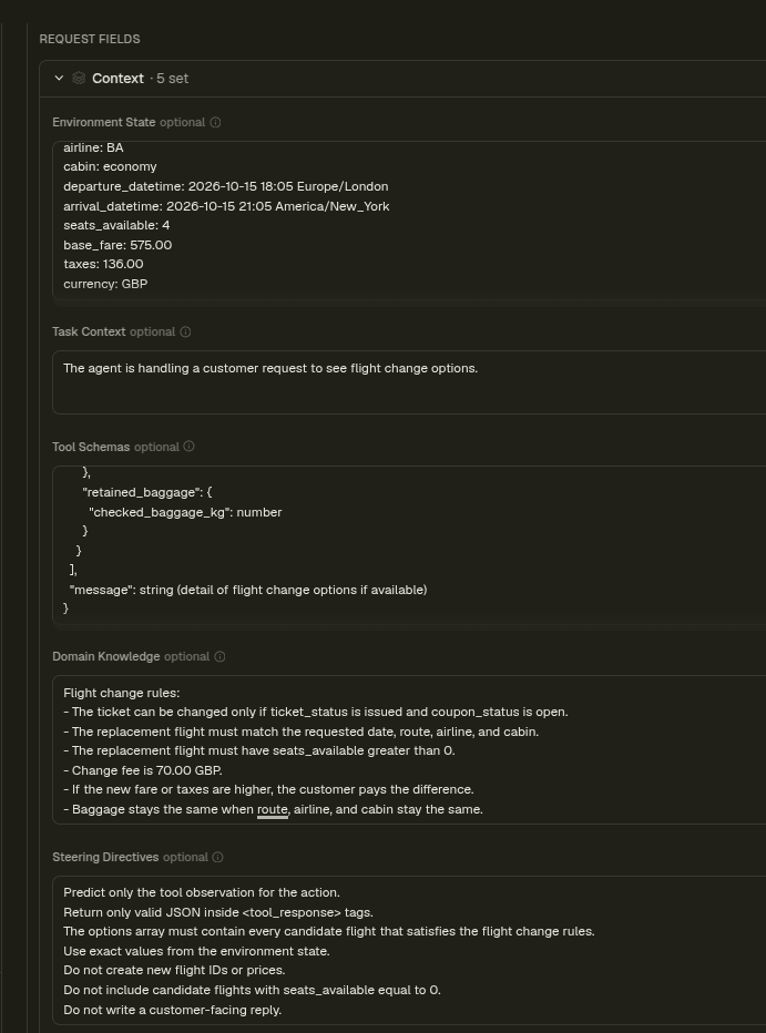 Playground screenshot of context fields for a flight change scenario, including rules and directives