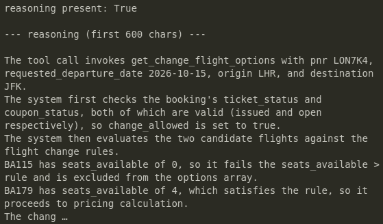 Code output showing model reasoning that excludes a flight with no seats and keeps another