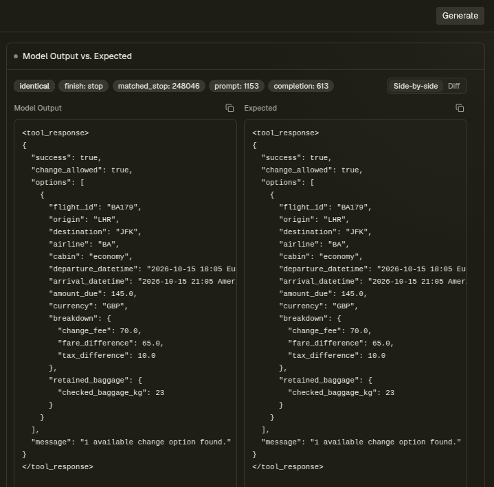 Playground screenshot comparing model output with expected output for flight change options