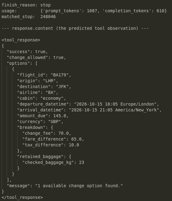 Code output showing a predicted flight change tool response in JSON with fee breakdown